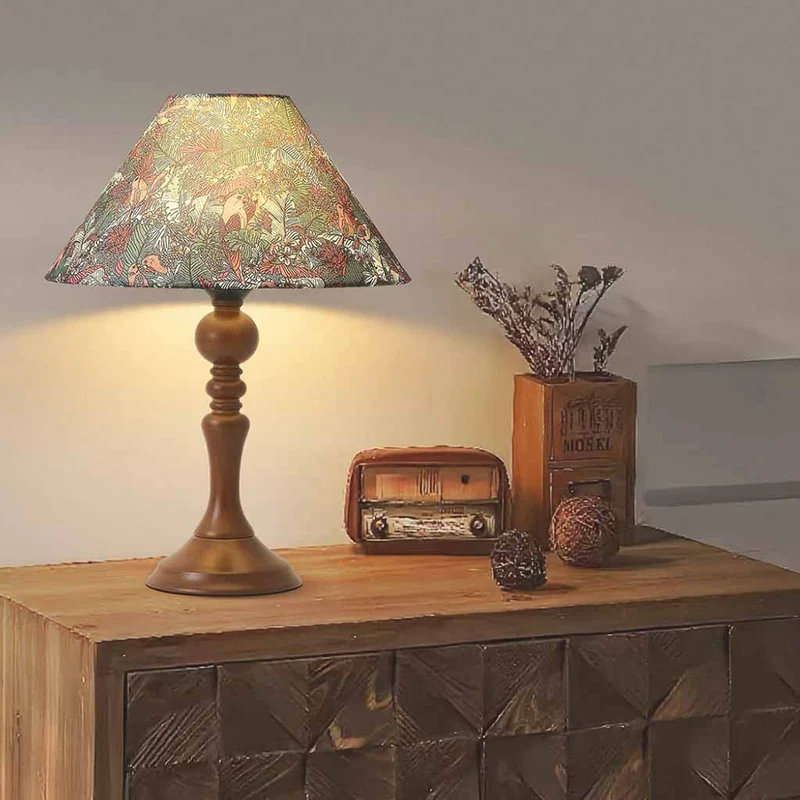 Wood Base Table Lamp Artistic Floral Print Fabric Shade