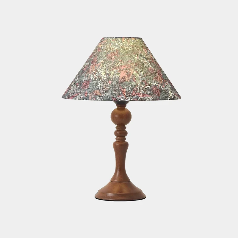 Wood Base Table Lamp Artistic Floral Print Fabric Shade