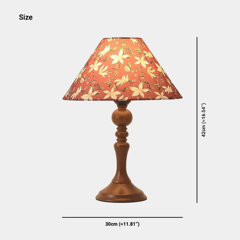 Wood Base Table Lamp Artistic Floral Print Fabric Shade
