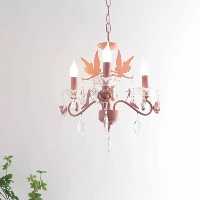 Candle Chandelier Crystal Drop Princess for Girls Room, Pink