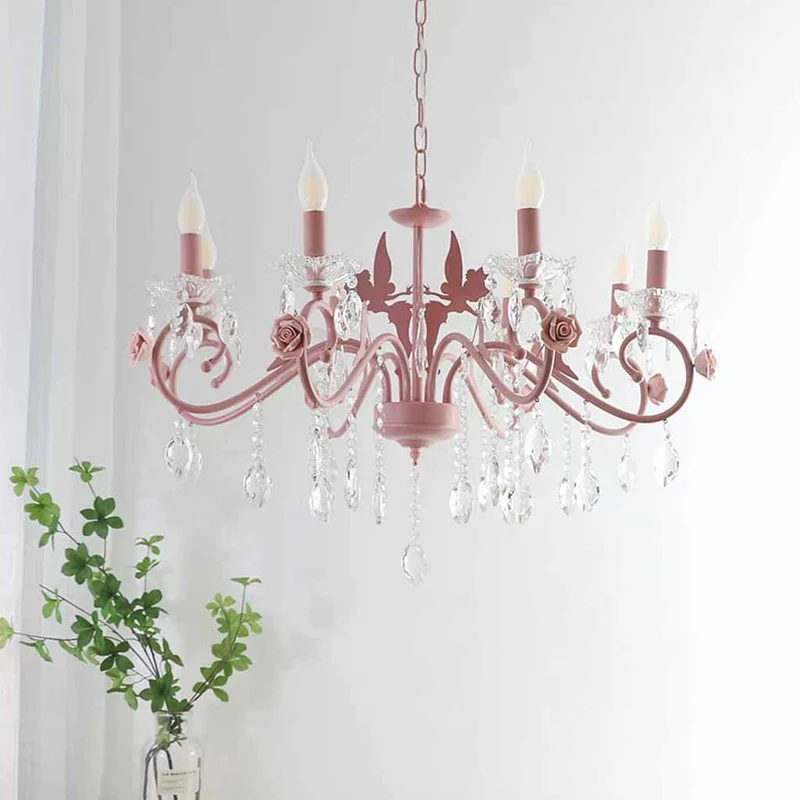 Candle Chandelier Crystal Drop Princess for Girls Room, Pink