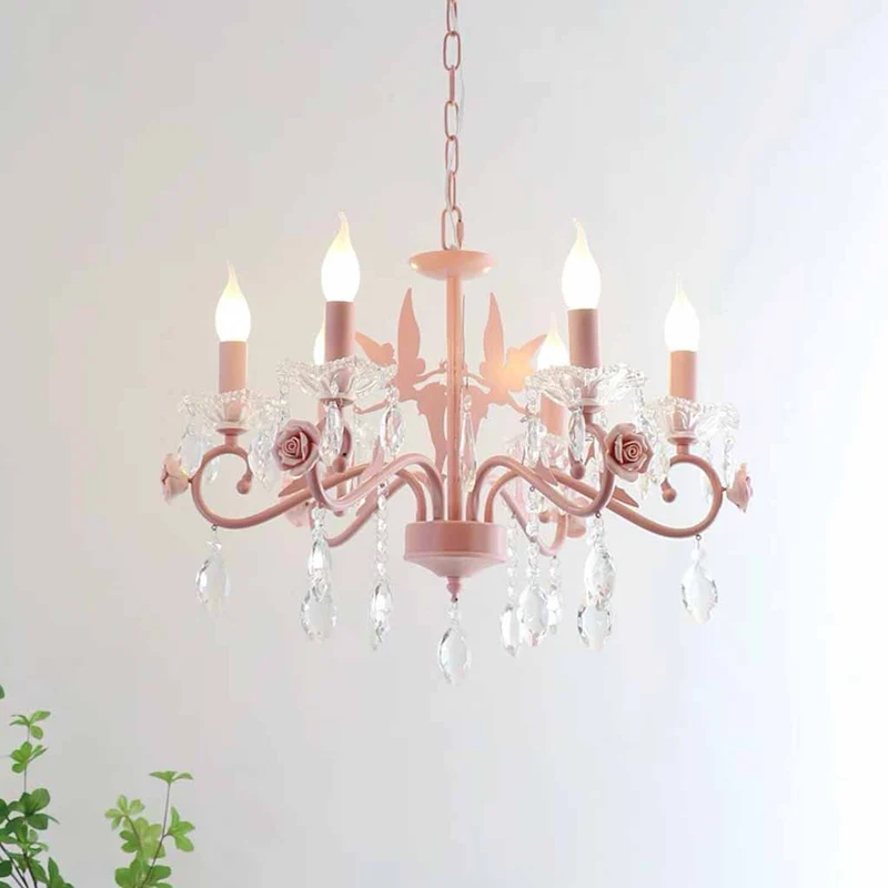 Candle Chandelier Crystal Drop Princess for Girls Room, Pink
