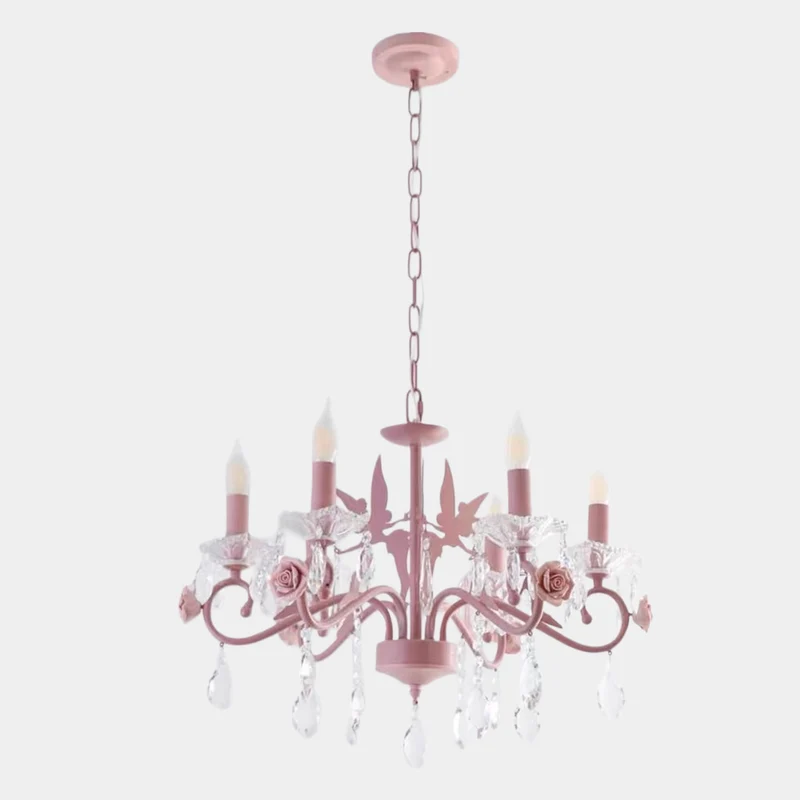 Candle Chandelier Crystal Drop Princess for Girls Room, Pink