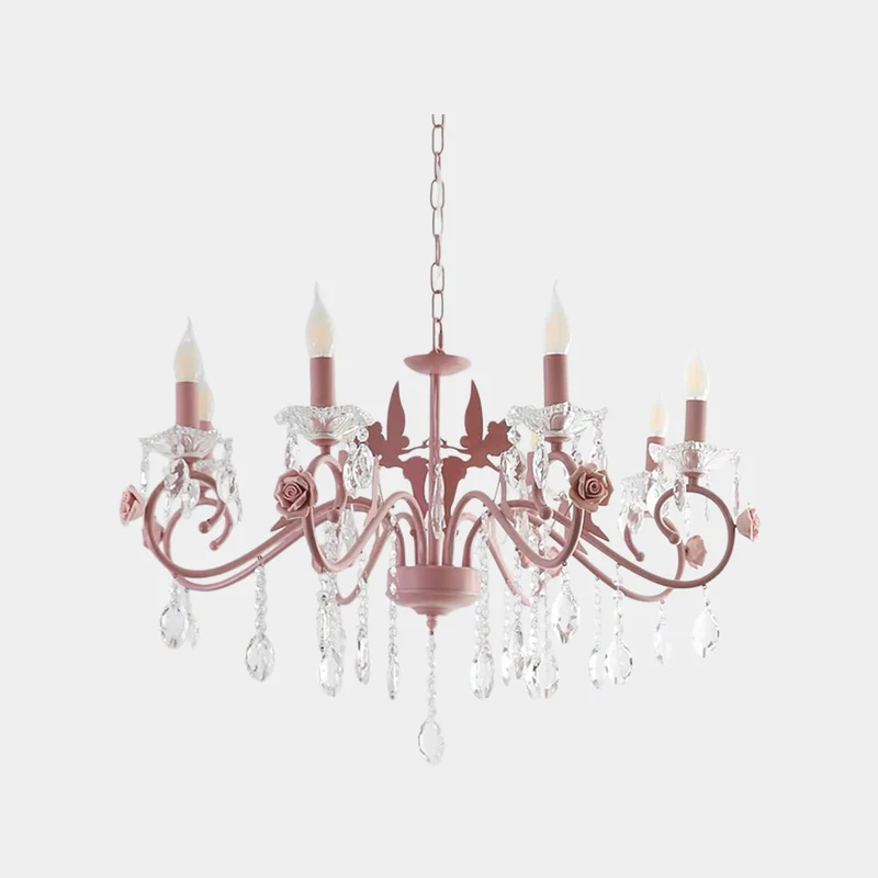 Candle Chandelier Crystal Drop Princess for Girls Room, Pink
