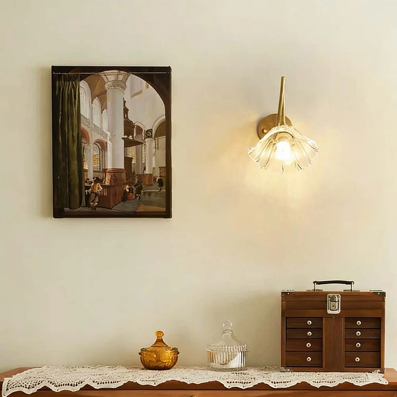 Lotus Wall Sconce Lamp French Brass Glass Flower