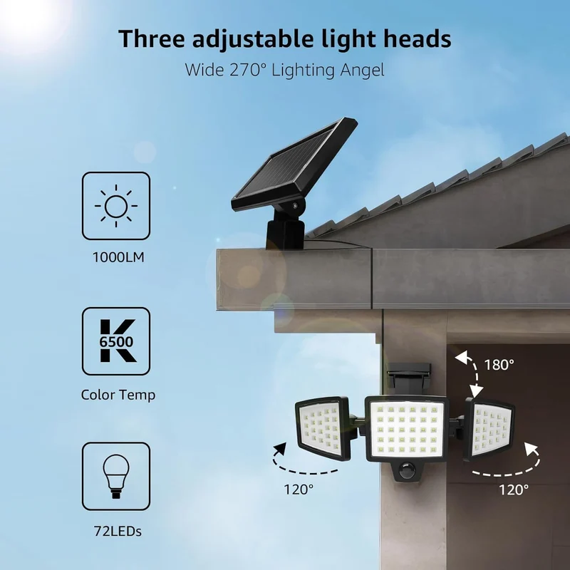 Lepro Solarlampe für Außen mit Bewegungsmelder, 3 Verstellbarer Kopf 1200LM 72 LED Solar Aussenleuchte, Solar Außenleuchte IP65 Wasserdicht, Wandleuchte 270 ° Winkel 360 Drehbar für Garten, Balkon
