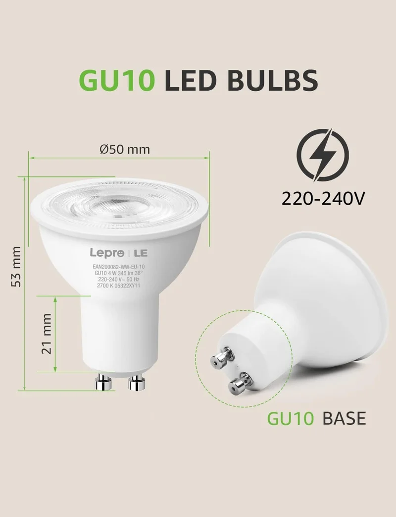 Lepro GU10 LED Lampe, 4W 345 Lumen 38° LED Leuchtmittel, 2700 Kelvin Warmweiß Energiesparlampe ersetzt 50W Halogenlampen, 38 Grad Abstrahlwinkel Glühbirnen, 10 Stück