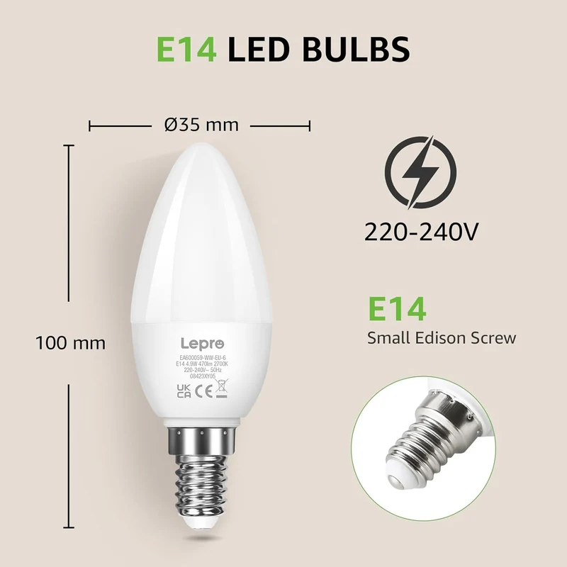 Lepro E14 LED, E14 LED Warmweiss, LED E14 4.9W, Glühbirne E14 470 Lumen, 6er-Pack, ersetzt 40W Birne, C37 2700K Warmweiß Glühlampe E14, 200° Leuchtmittel E14, Kerzenleuchten