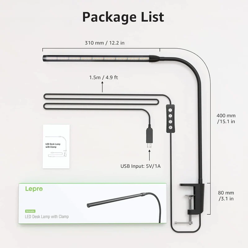 Lepro LED Schreibtischlampe Klemmbar, Tischlampe Architektenlampe mit Schwenkarm, Augenschutz Klemmleuchte USB, 3 Farben & 10 Helligkeitsstufen Dimmbar Tischleuchte für Büro, Schwarz