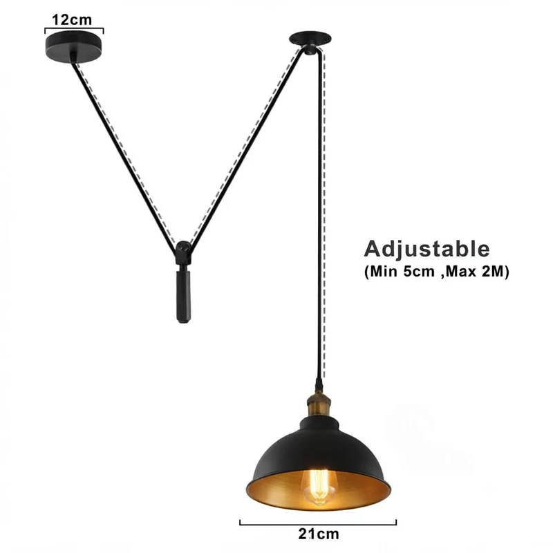 Höhenverstellbare Pendelleuchte Schwarz Gold – Vintage Seilzug | Ø21cm | E27 ~4077