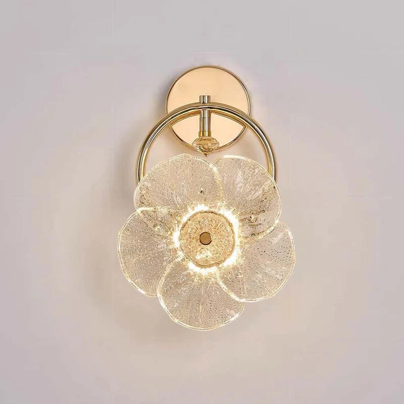 Glass Flower Wall Light Luxury LED for Bedside, Gold