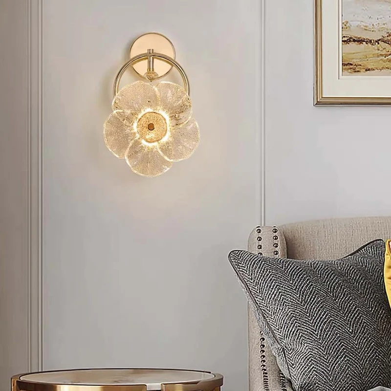 Glass Flower Wall Light Luxury LED for Bedside, Gold