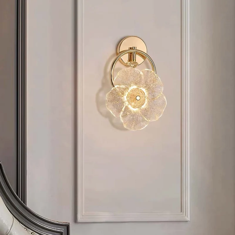 Glass Flower Wall Light Luxury LED for Bedside, Gold