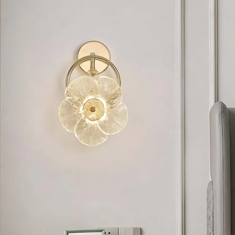 Glass Flower Wall Light Luxury LED for Bedside, Gold
