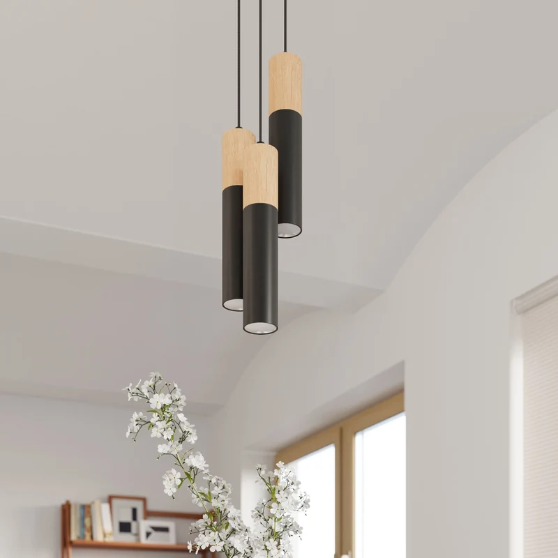 Moderne schwarze Holz-Hängeleuchte für Wohnzimmer – Modèle Arvenia