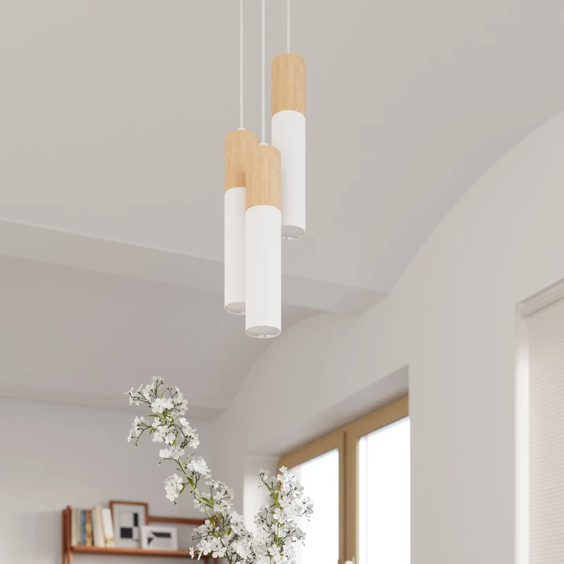 Skandinavische Hängeleuchte Weiß Holz 2 Lichter – Modèle Avelios