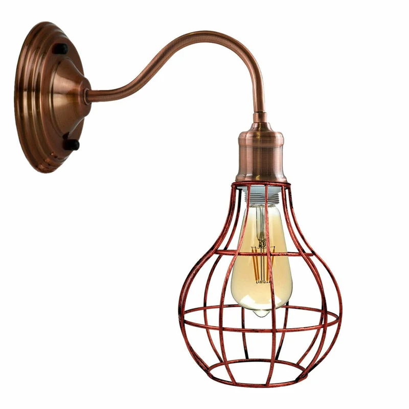 Vintage Wandleuchte Metall Käfig | Retro Schwanenhals Lampe Schwarz ~4074
