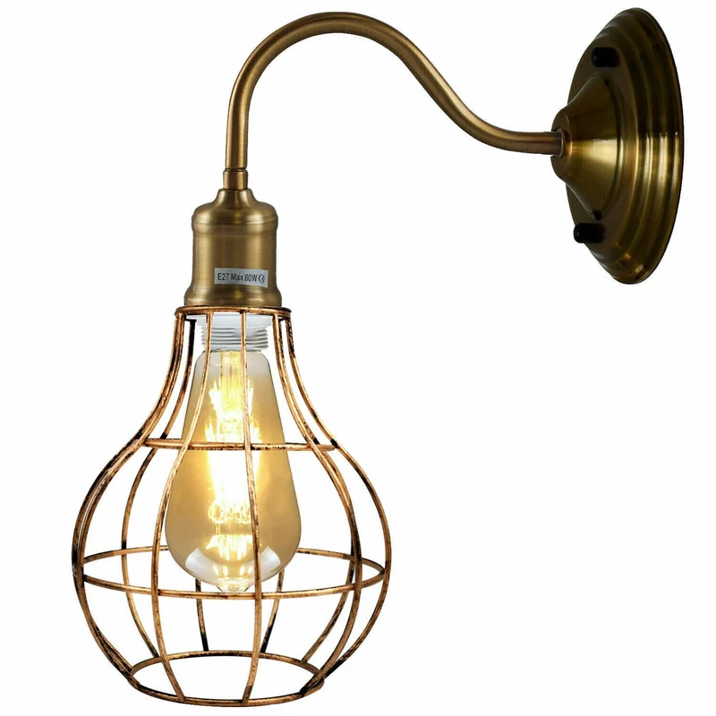 Vintage Wandleuchte Metall Käfig | Retro Schwanenhals Lampe Schwarz ~4074