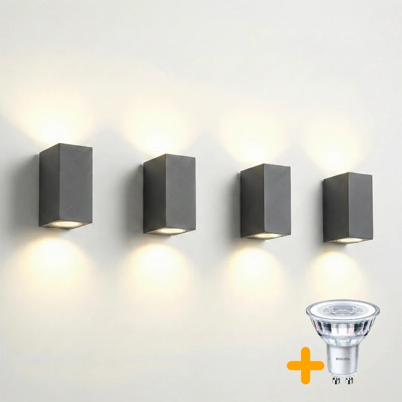 4-teilig | Wand-/Außenleuchte | Inkl. 8x PHILIPS-Strahler | Komplett | San Francisco | IP44 | 2x GU10 | Anthrazit