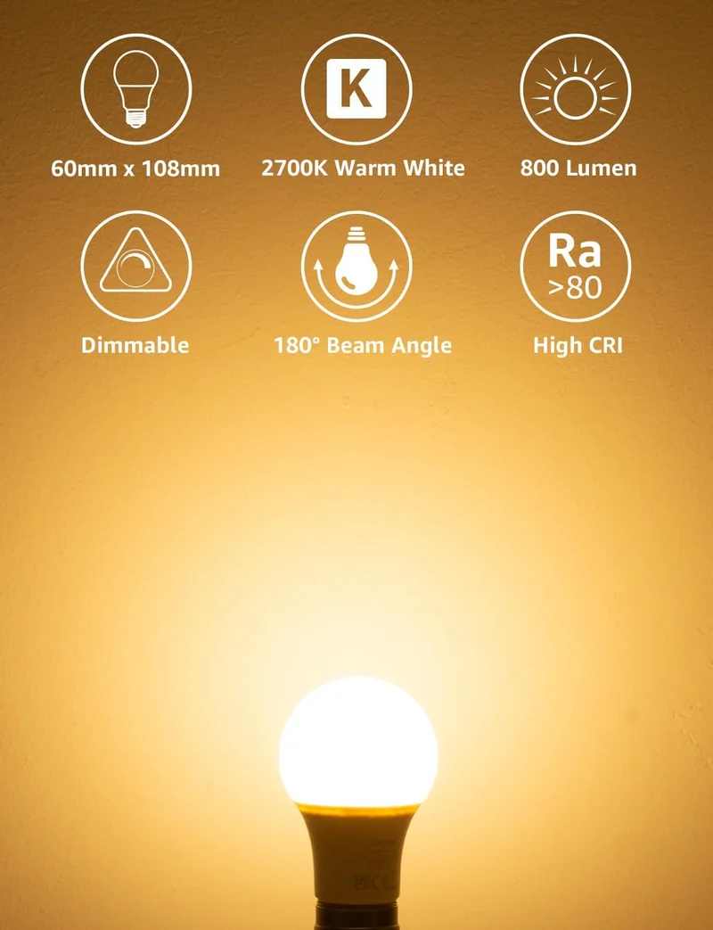 Lepro E27 LED Warmweiss Dimmbar Glühbirne, 8.5 Watt 806 Lumen Leuchtmittel, ersetzt 60W Halogenlampe, 2700K Warmweiß, A60 LED Birne Lampe, 180°Abstrahlwinkel, Energiesparlampe, 6 Stück