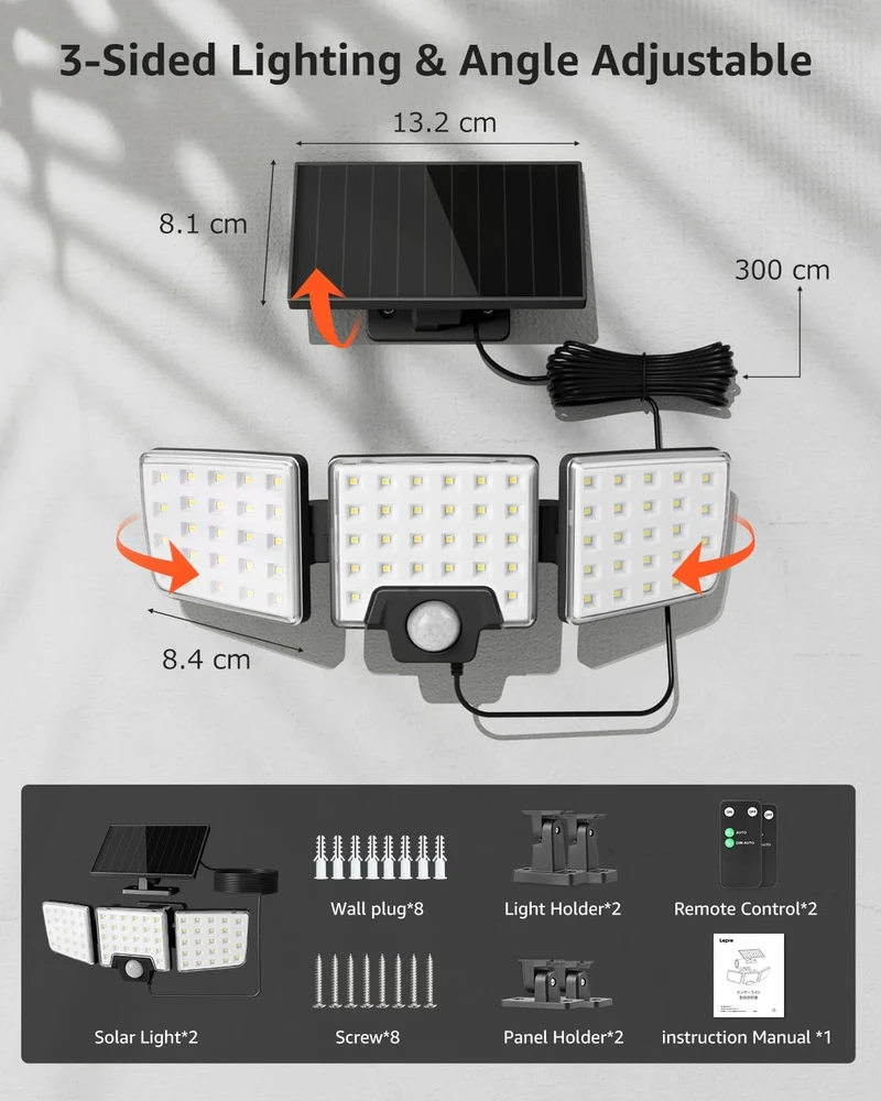 Lepro Solarlampen mit Bewegungsmelder Solar Außenleuchte Led Solar Strahler für Außen, mit Fernbedienung, 2 in 1, Separiert und Integriert, mit 2 Lichtmodi, IP65, für Hof, Garage, Solarleucht, 2 Stück