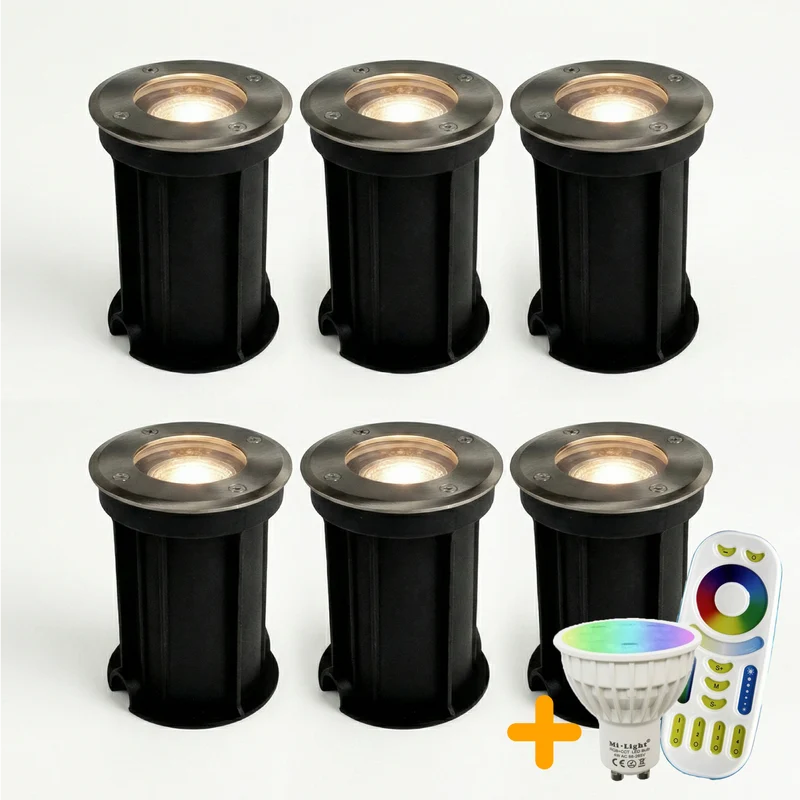 6-teiliges LED-Bodenstrahler-Set (GU10, rund) mit RGBCCT-Lichtquelle und Fernbedienung, Edelstahl, Schutzart IP66