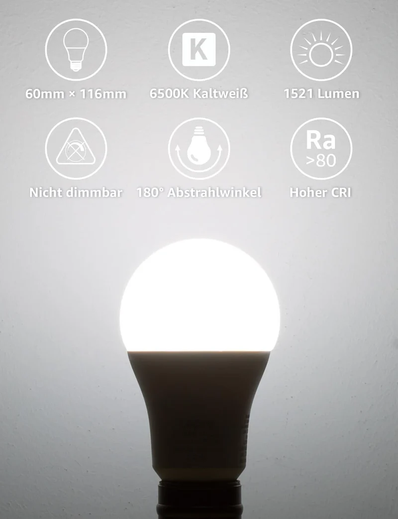 Lepro E27 LED Birne, 13.5 W 1521 Lumen Super Hell LED Lampe E27, ersetzt 100W Glühbirne A60 Leuchtmittel E27, 6500 Kelvin Kaltweiß LED Bulb, 6er Set, 200° Energiesparlampe