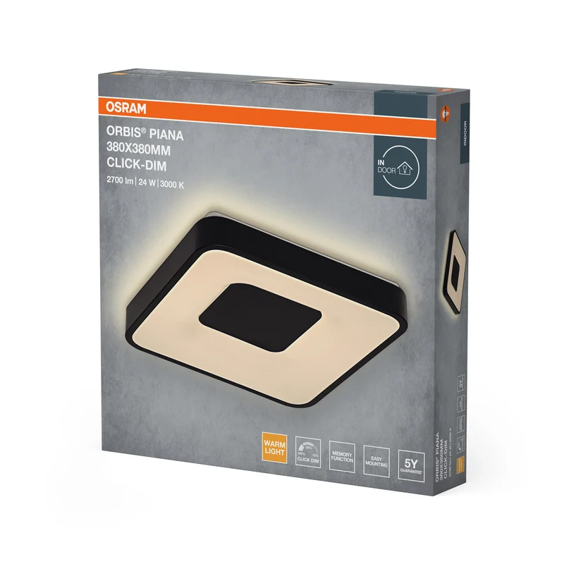 OSRAM Orbis Piana Warmweiß, LED Deckenleuchte, 380x380 mm, 24W, 3000K, Warmweiß, Click dimmbar, Schwarz