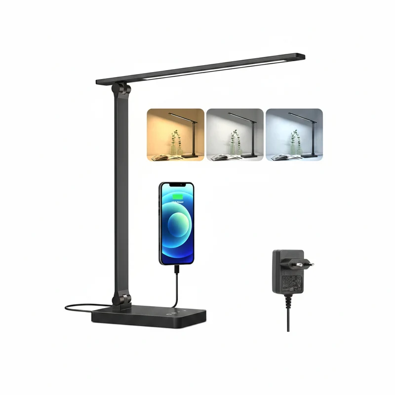 Lepro Schreibtischlampe, LED Tischlampe 15W, 655LM Tischleuchte 3 Farben, 5 Helligkeitsstufen Dimmbar mit USB-Anschluss, Schreibtischleuchte Augenschutz, Leselicht für Büro, Schwarz
