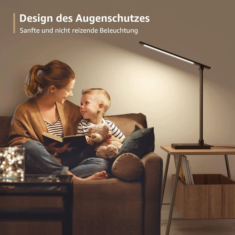Lepro Schreibtischlampe, LED Tischlampe 15W, 655LM Tischleuchte 3 Farben, 5 Helligkeitsstufen Dimmbar mit USB-Anschluss, Schreibtischleuchte Augenschutz, Leselicht für Büro, Schwarz