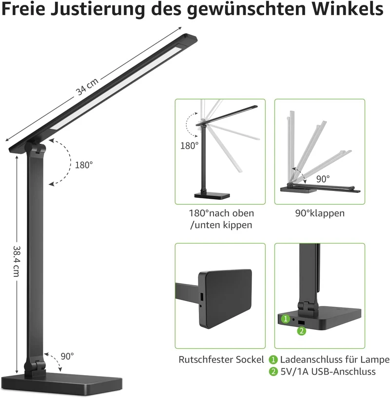 Lepro Schreibtischlampe, LED Tischlampe 15W, 655LM Tischleuchte 3 Farben, 5 Helligkeitsstufen Dimmbar mit USB-Anschluss, Schreibtischleuchte Augenschutz, Leselicht für Büro, Schwarz