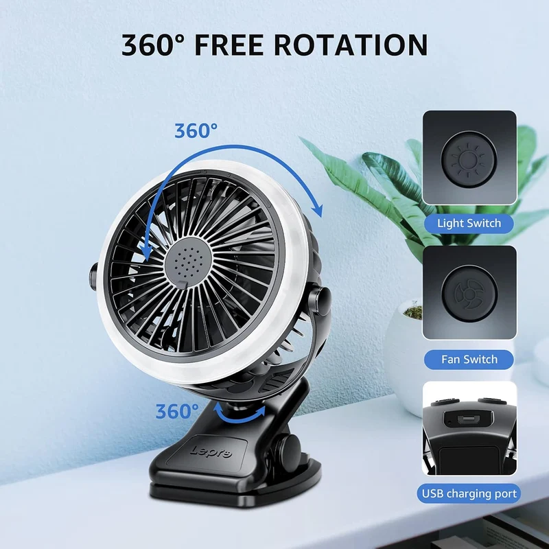 Lepro Camping Ventilator mit Licht, Campinglaterne mit Ventilator, Tragbar USB Ventilator, Zeltventilator mit Aufhängehaken, Wiederaufladbar USB-Ladeeingangslüfter für Outdoor, Camping, Büro, Grill