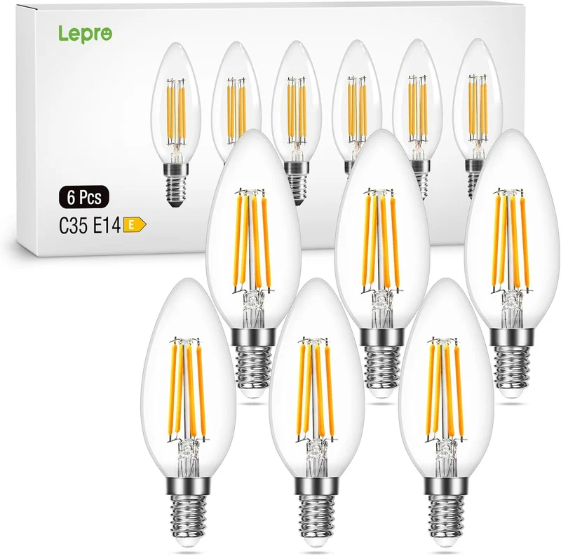Lepro Glühbirne E14 LED Kerze, 4.5W LED, Warmweiss, 6er Pack, 470 Lumen Filament, Classic Lampe Birnen in Kerzenform, 2700 Kelvin Warmweiß, Ersetzt 40 Watt, Edison Vintage