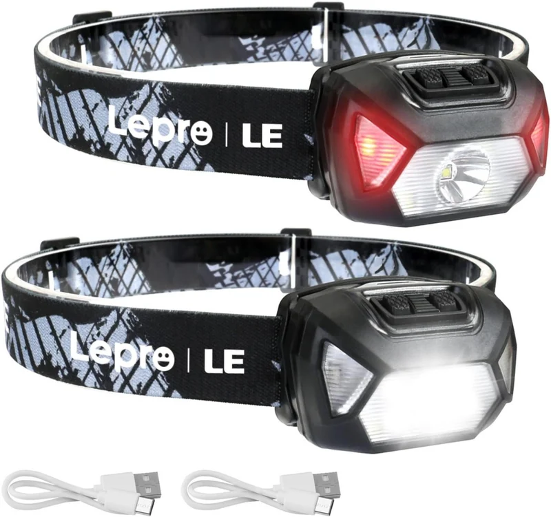 Lepro Stirnlampe LED Wiederaufladbar, 2000 Lux Superhell Kopflampe Stirnlampe mit Rotlicht und 6 Lichtmodi, IPX4 Wasserdicht Stirnleuchte, Ideal für Camping&Joggen, Schwarz, 2 Stück[inkl. USB Kabel]