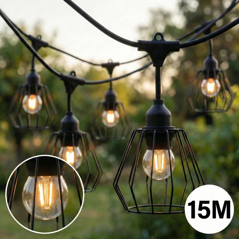 Komplette Lichterkette mit 15 Lampenschirmen | 15 Meter | Industrielampenschirm | Verkettbar | E27 | Inkl. 1-W-Glühbirnen