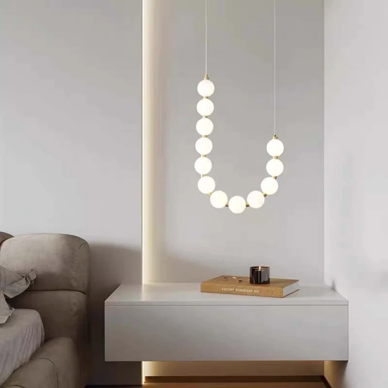 Pearl Necklace Chandelier Brass White Globe LED
