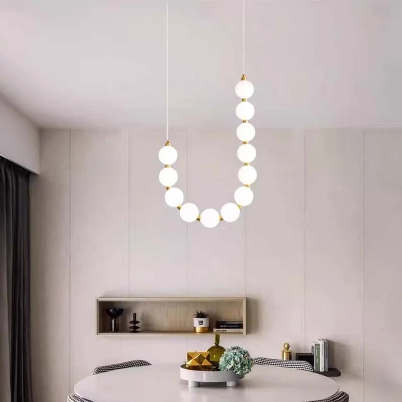 Pearl Necklace Chandelier Brass White Globe LED