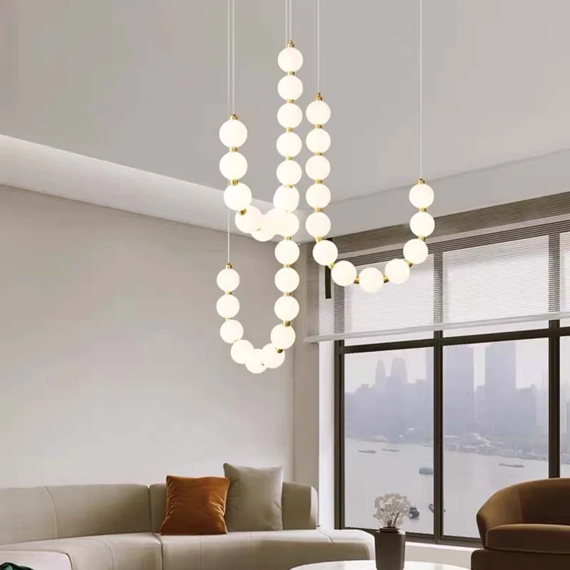 Pearl Necklace Chandelier Brass White Globe LED