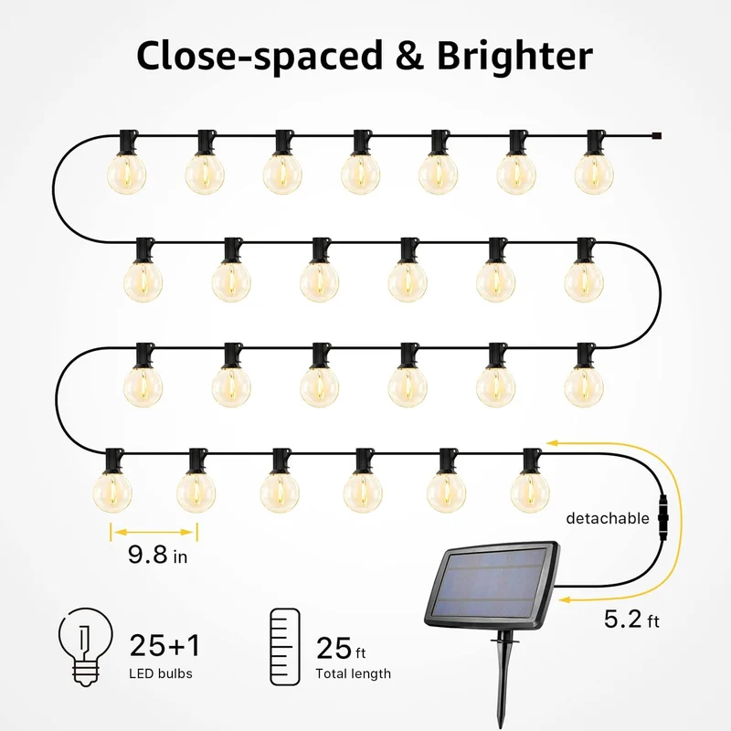 LE Solar Lichterkette mit G40 LED-Lampen für Außen, 7,62 m, 25 LEDs, USB aufladbar, 4 Modi, für Garten, Balkon, Hochzeit & Weihnachtsdeko, warmweiß