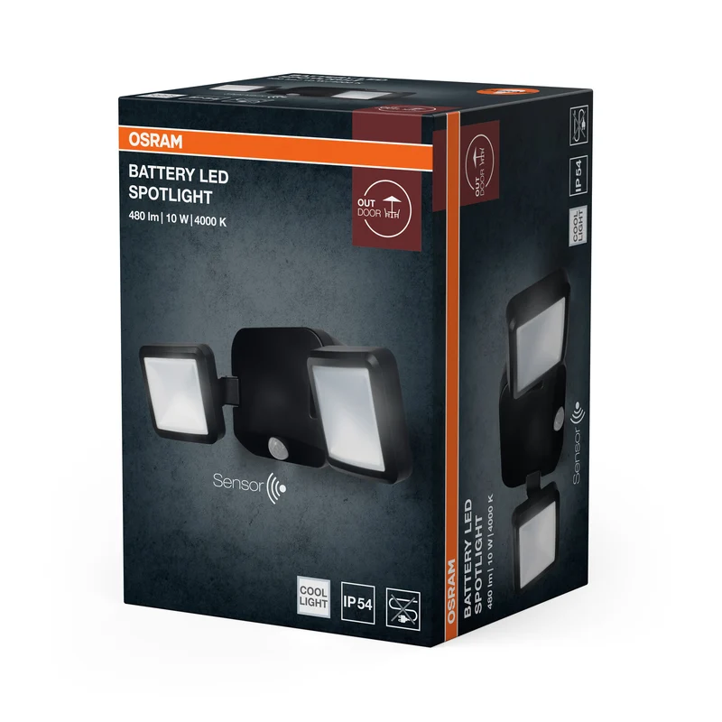 OSRAM Battery Spotlight, Außenleuchte, Schwarz, 10W, 4000K, IP54, Licht- und Bewegungssensor, batteriebetrieben, einfache Montage, 480 lm