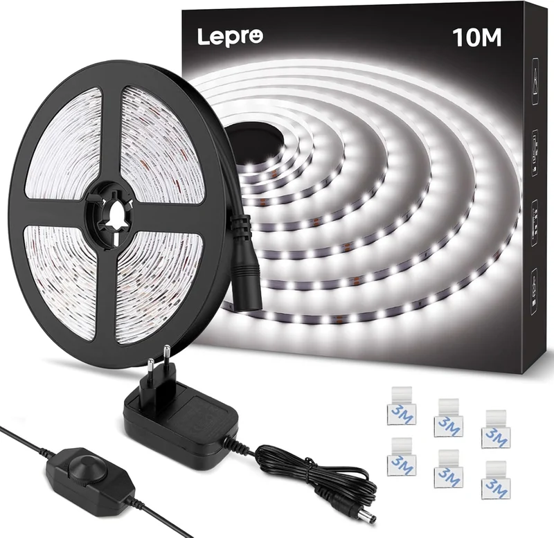 Lepro LED Strip 10M Kaltweiß, LED Streifen Kaltweiss 6000K Dimmbar, 2835 LED Band Weiß Selbstklebend, 420 LEDs Superhell LED Lichtband Leiste mit Netzteil, Lichterkette Kette für Innen Küche Deko