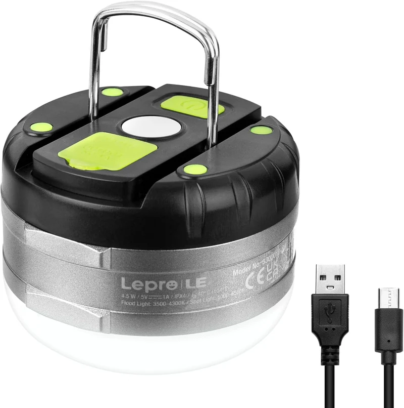 LE LED Campinglampe, Wiederaufladbare Suchscheinwerfer, tragbar & handlich, mit Haken, 3 Helligkeiten Dimmbar Notfallleuchte für Stromausfällen, Wandern, Camping, Notfall usw.