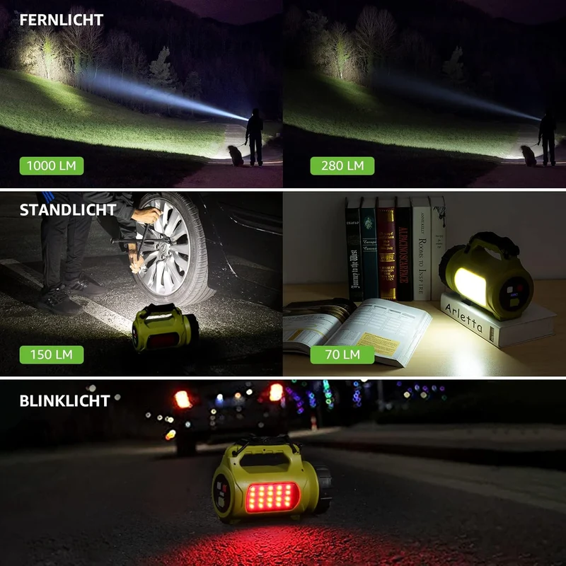 LE LED Handscheinwerfer, Taschenlampe Aufladbar CREE Akku Handlampe & Handstrahler mit Powerbank, 10W 1000 Lumen Campinglampe inkl. 3 Lichtmodi 2 Helligkeitsstufen, USB-Kabel für Notfall Camping usw.