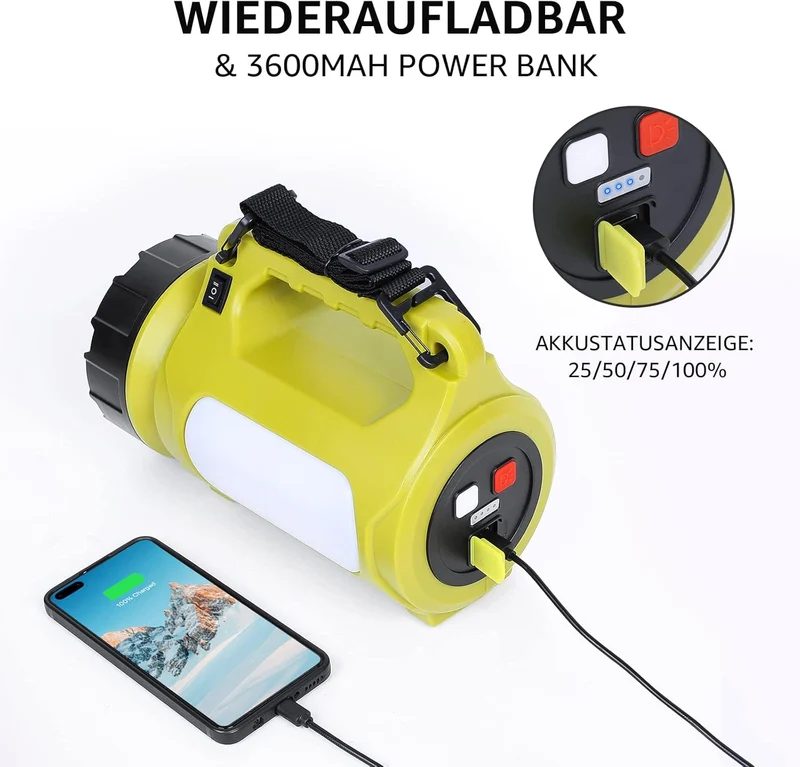 LE LED Handscheinwerfer, Taschenlampe Aufladbar CREE Akku Handlampe & Handstrahler mit Powerbank, 10W 1000 Lumen Campinglampe inkl. 3 Lichtmodi 2 Helligkeitsstufen, USB-Kabel für Notfall Camping usw.