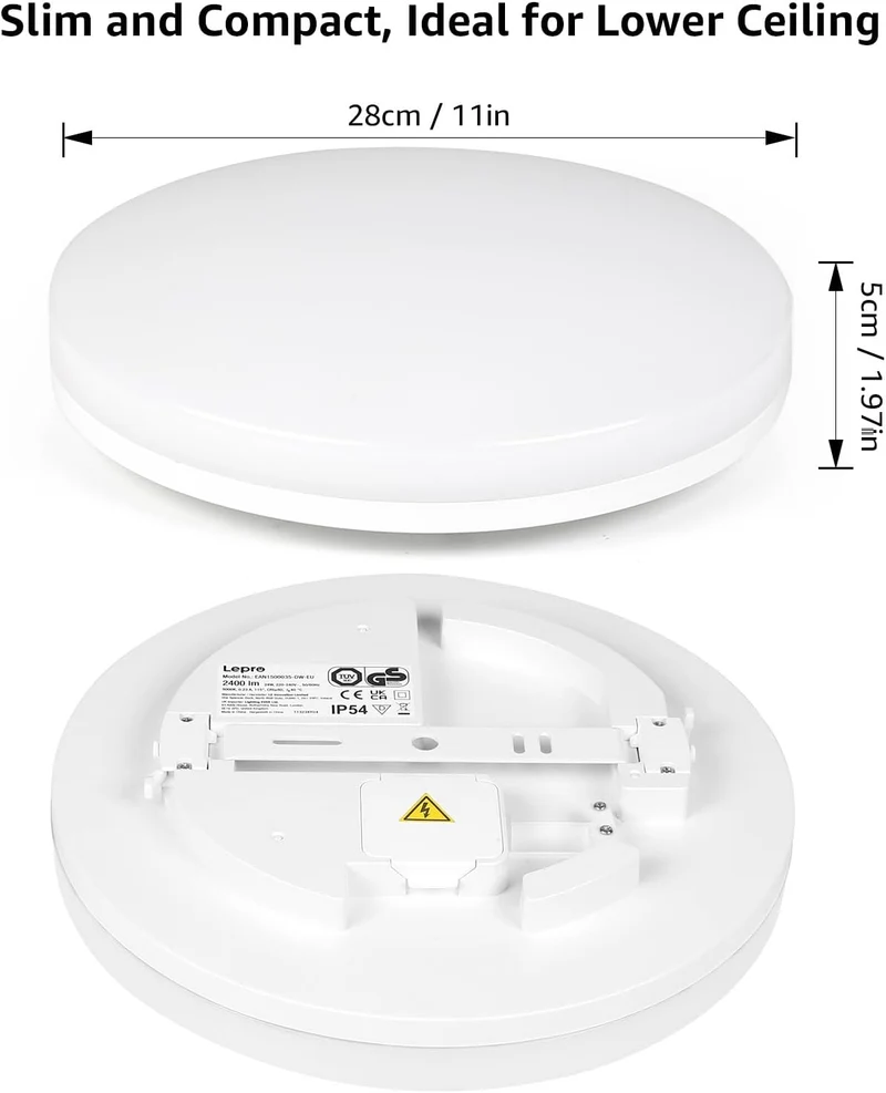 Lepro 24W Deckenlampe Ø28cm, IP54 Wasserfest Badezimmer Deckenlampe, 3000K LED Deckenleuchte 2400lm für Badezimmer Schlafzimmer Kinderzimmer Wohnzimmer Balkon Flur Küche, Warmweiß LED Lampen