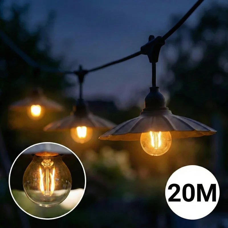 Komplette Lichterkette mit 20 Lampenschirmen | 20 Meter | Muschelform | Verkettbar | E27 | Inkl. 1-W-Glühbirnen