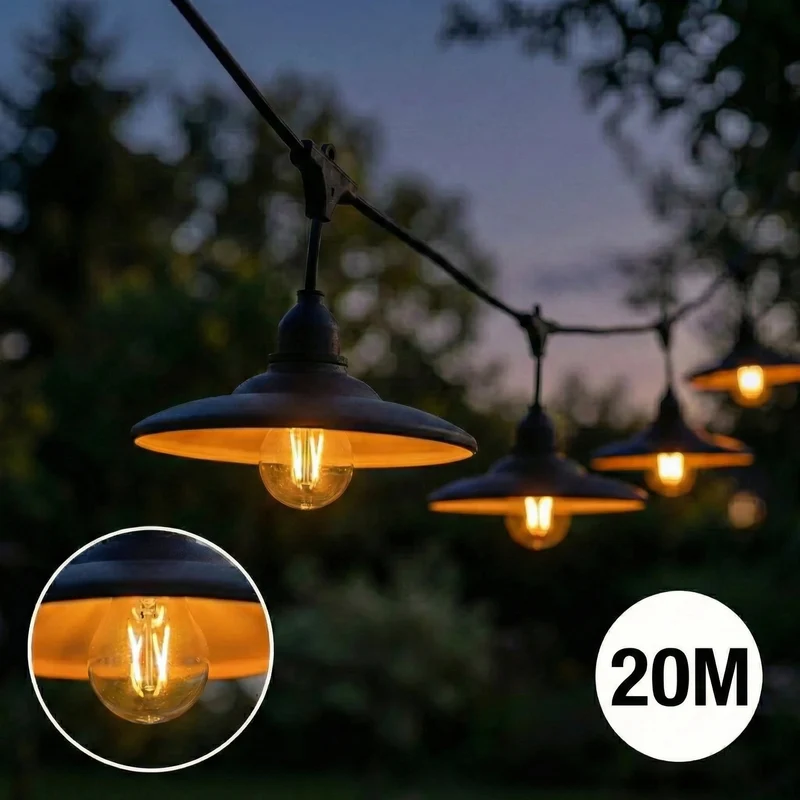 Komplette Lichterkette mit 20 Lampenschirmen | 20 Meter | Schwarzer Lampenschirm | Verkettbar | E27 | Inkl. 1-W-Glühbirnen
