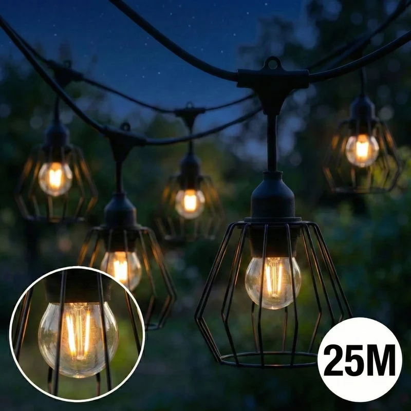 Komplette Lichterkette mit 25 Lampenschirmen | 25 Meter | Industrielampenschirm | Verkettbar | E27 | Inkl. 1-W-Glühbirnen