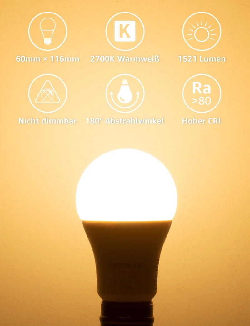 Lepro 13.5W E27 LED Warmweiss, ersetzt 100W Halogenlampe, 1521 Lumen Glühbirne E27, 2700K Warmweiß A60 LED Birne, 200° Energiesparlampe, Nicht Dimmbar, 6 Stück [Energieklasse E]