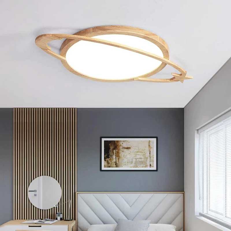 Flush Mount Ceiling Light Wood Planet Dimmable LED